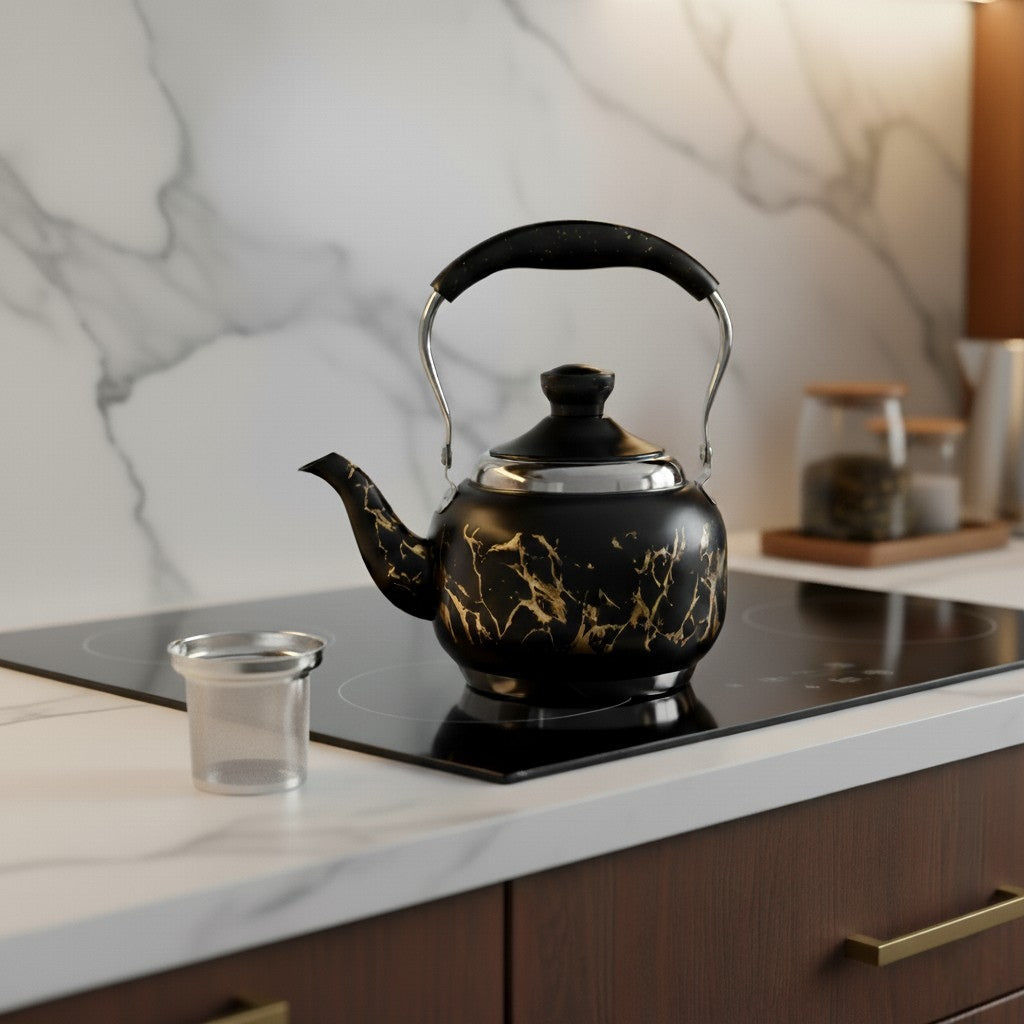 High Grade Stainless Steel Stovetop Tea Kettle – 1 L Black & Gold Abstract Design