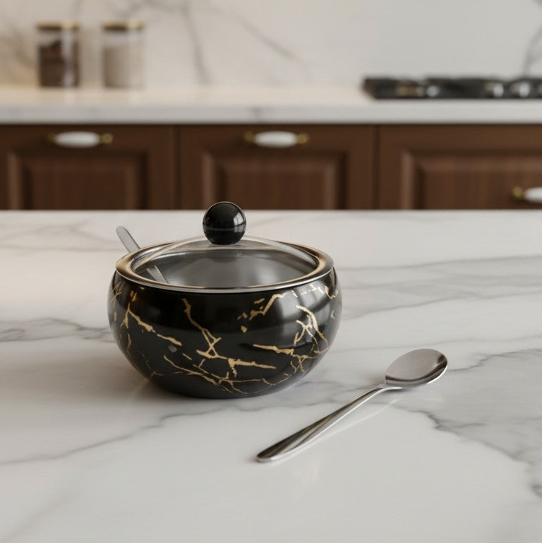 High Grade Stainless Steel Sugar Pot with Lid & Spoon – 10 cm