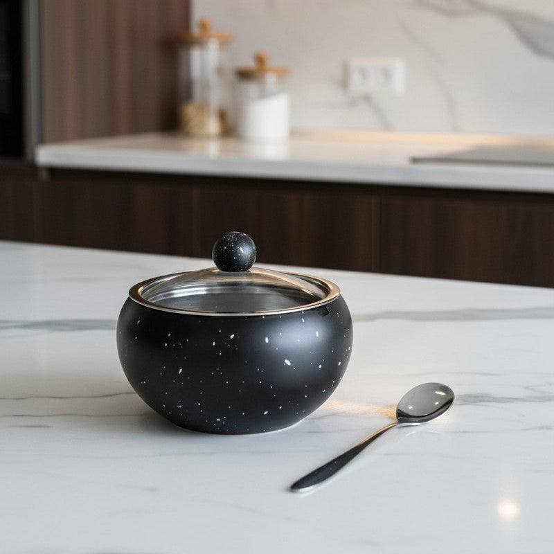 High Grade Stainless Steel Sugar Pot with Lid & Spoon – 10 cm Sugar Bowl