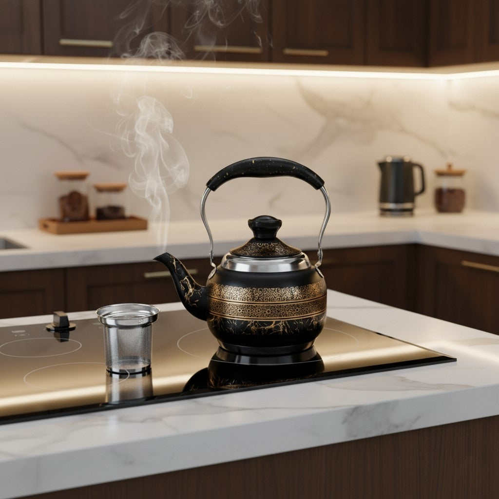 High Grade Stainless Steel Stovetop Tea Kettle – Abstract Black & Gold Design (1 Litre)