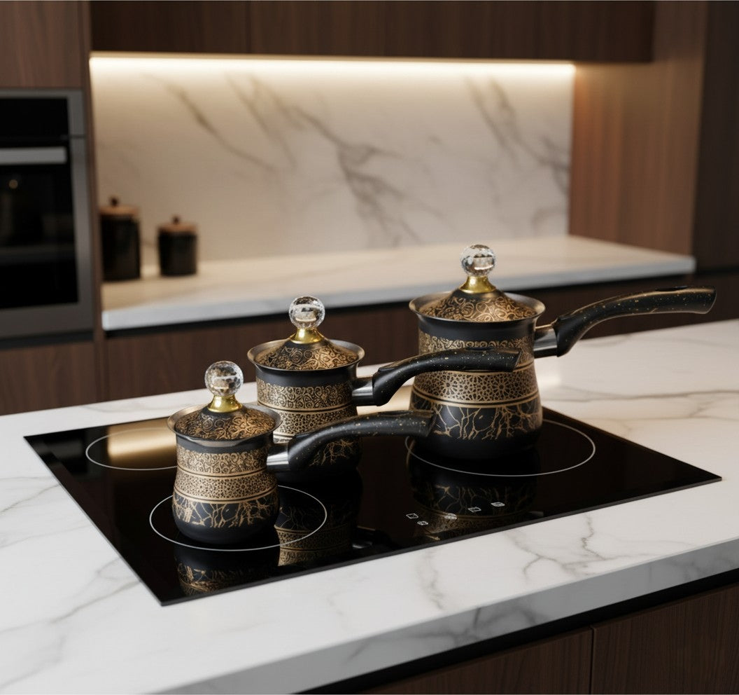 Abstract Design Stainless Steel Coffee Pot Set – 3 Pcs Black Percolator (350ml / 450ml / 550ml)