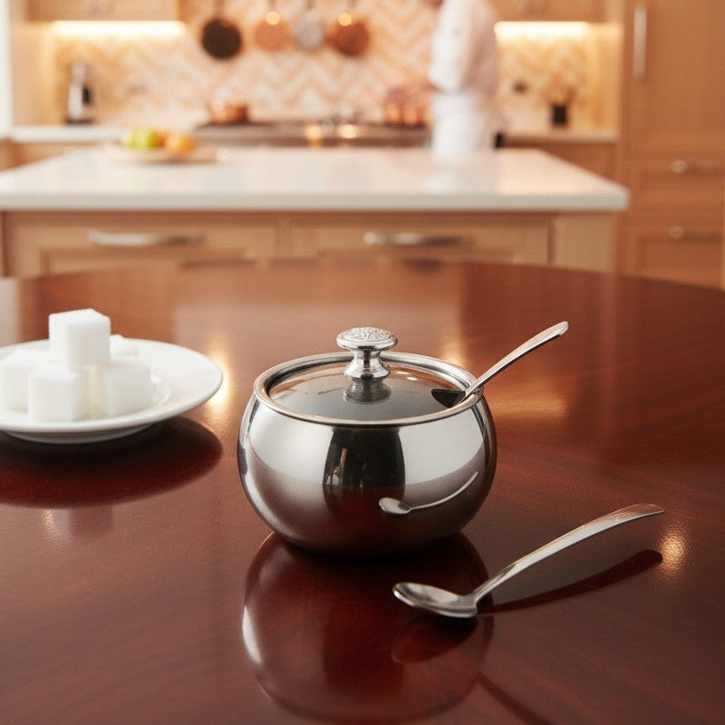 High Grade Stainless Steel Sugar Pot with Lid & Spoon – 8 cm Sugar Bowl