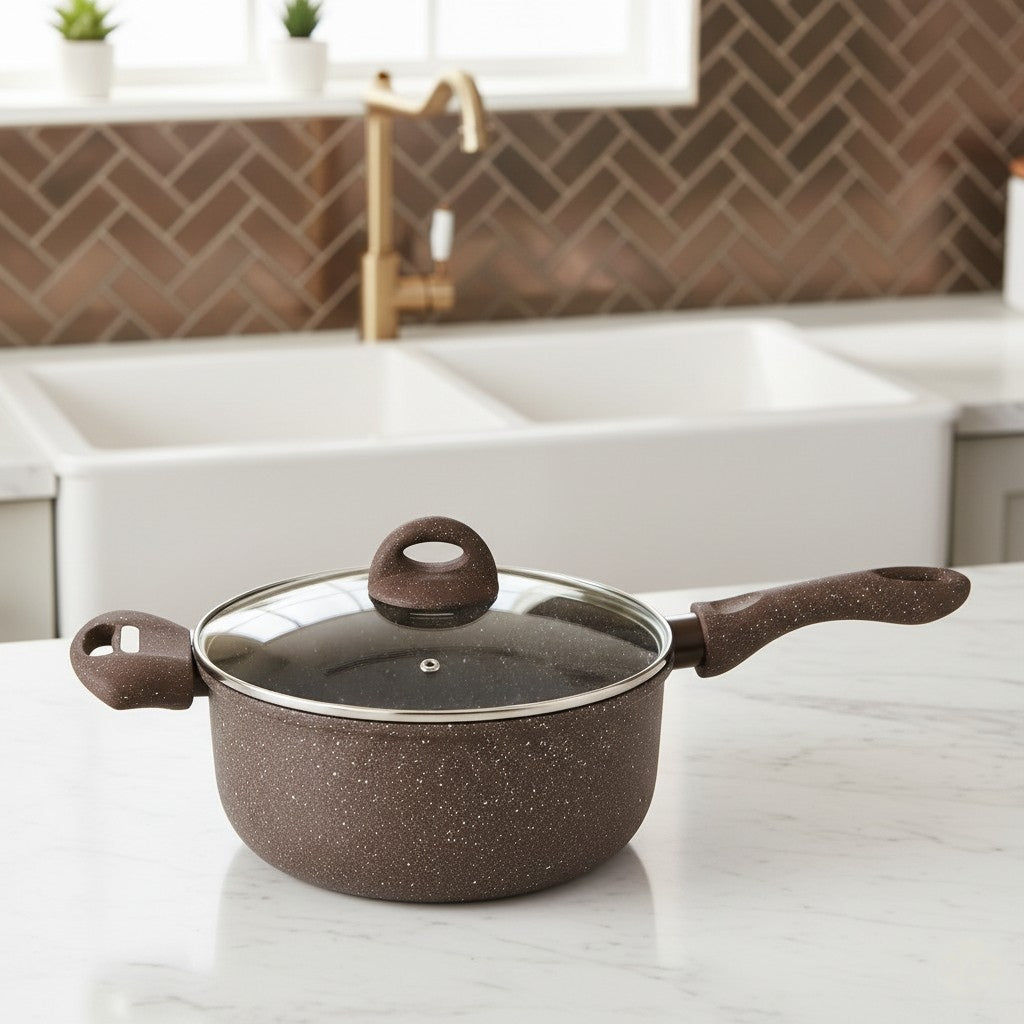 BAROLY Brown Granite Non-Stick Marble Coated frying pan with Lid – 28 cm | Induction Compatible