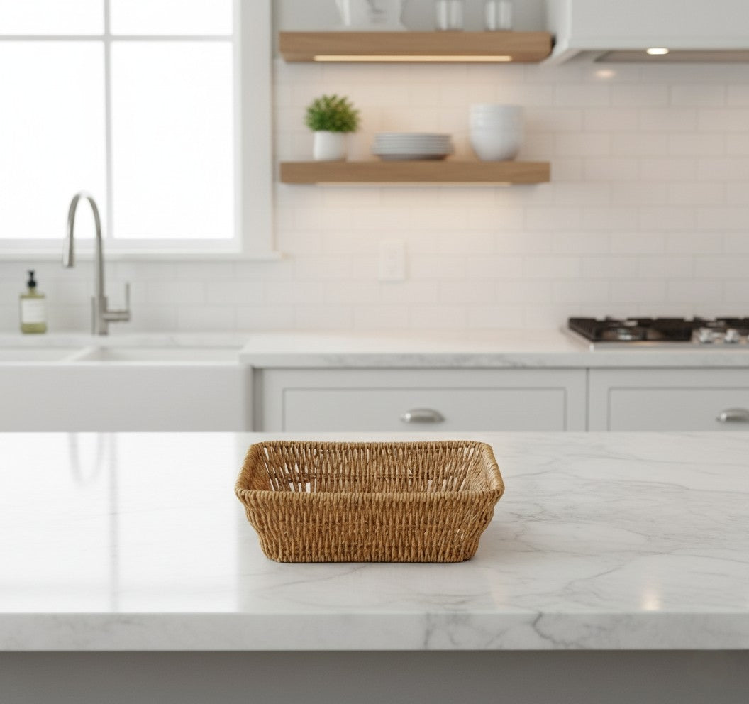 Handmade Square Straw Fruit Basket – Natural Woven Storage Basket 24 cm