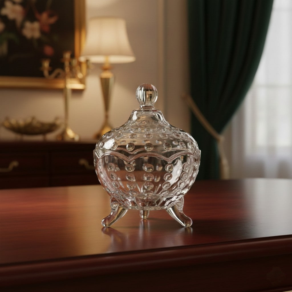 Crystal Glass Dome Shape Sugar Bowl & Candy Jar with Lid – 9 cm Diameter × 13 cm Height | Elegant Crystal Jar