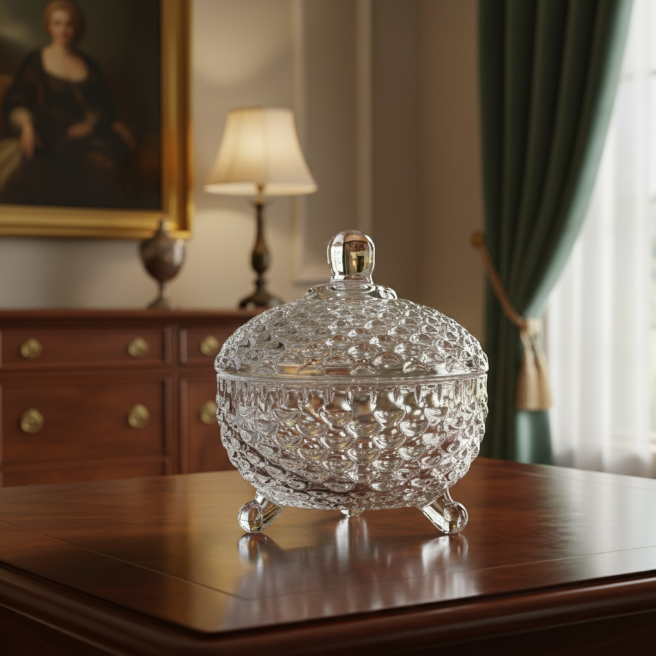 Crystal Glass Round Sugar Bowl with Lid – Elegant Candy Jar for Kitchen & Home Décor | 9.9 × 14.5 cm