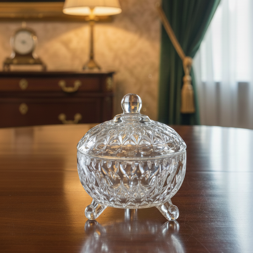 Crystal Glass Footed Sugar Bowl & Candy Jar with Lid – 10 cm Diameter | Elegant Decorative Jar
