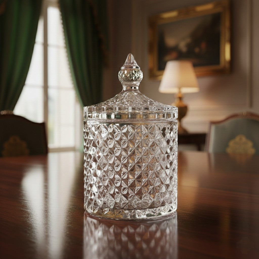 Crystal Glass Dome Shape Sugar Bowl & Candy Jar with Lid – 10 cm Diameter × 16 cm Height | Elegant Decorative Jar