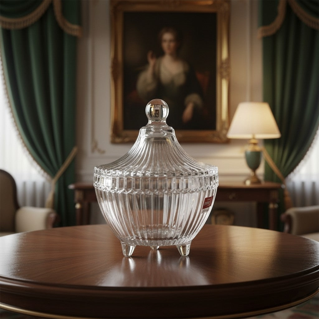 Crystal Glass Footed Sugar Bowl & Candy Jar with Lid – 10 cm Height & Diameter | Elegant Tableware