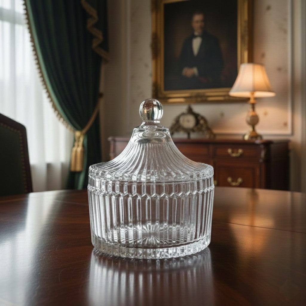 Crystal Glass Dome Shape Sugar Bowl & Candy Jar with Lid – 11 cm Diameter × 7 cm Height | Elegant Mini Jar