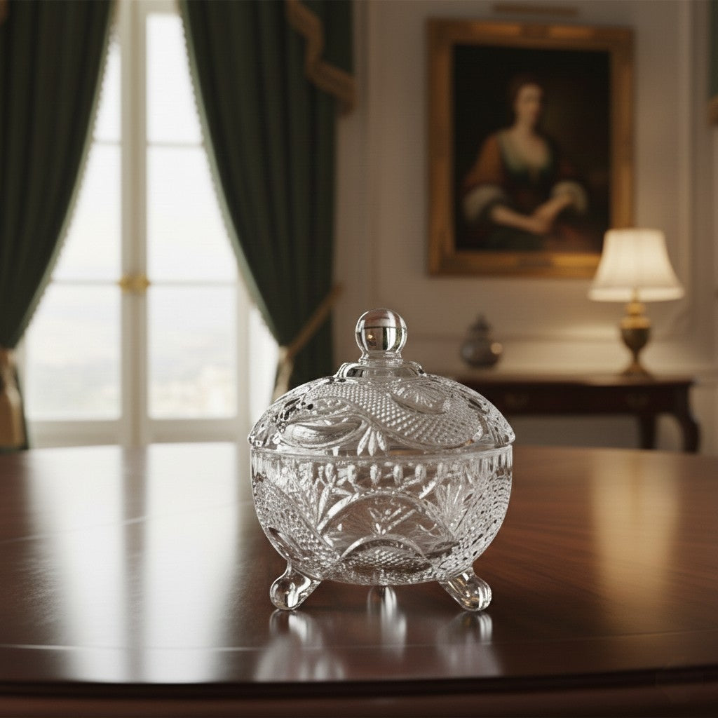 Crystal Glass Footed Sugar Bowl & Candy Jar with Lid – 10 cm Diameter × 12 cm Height | Elegant Tableware
