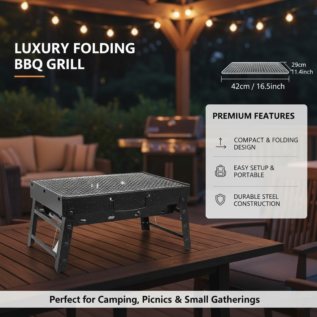 Luxury Portable Folding BBQ Grill 42 cm × 29cm– Compact Outdoor Charcoal Barbecue for Camping & Picnics