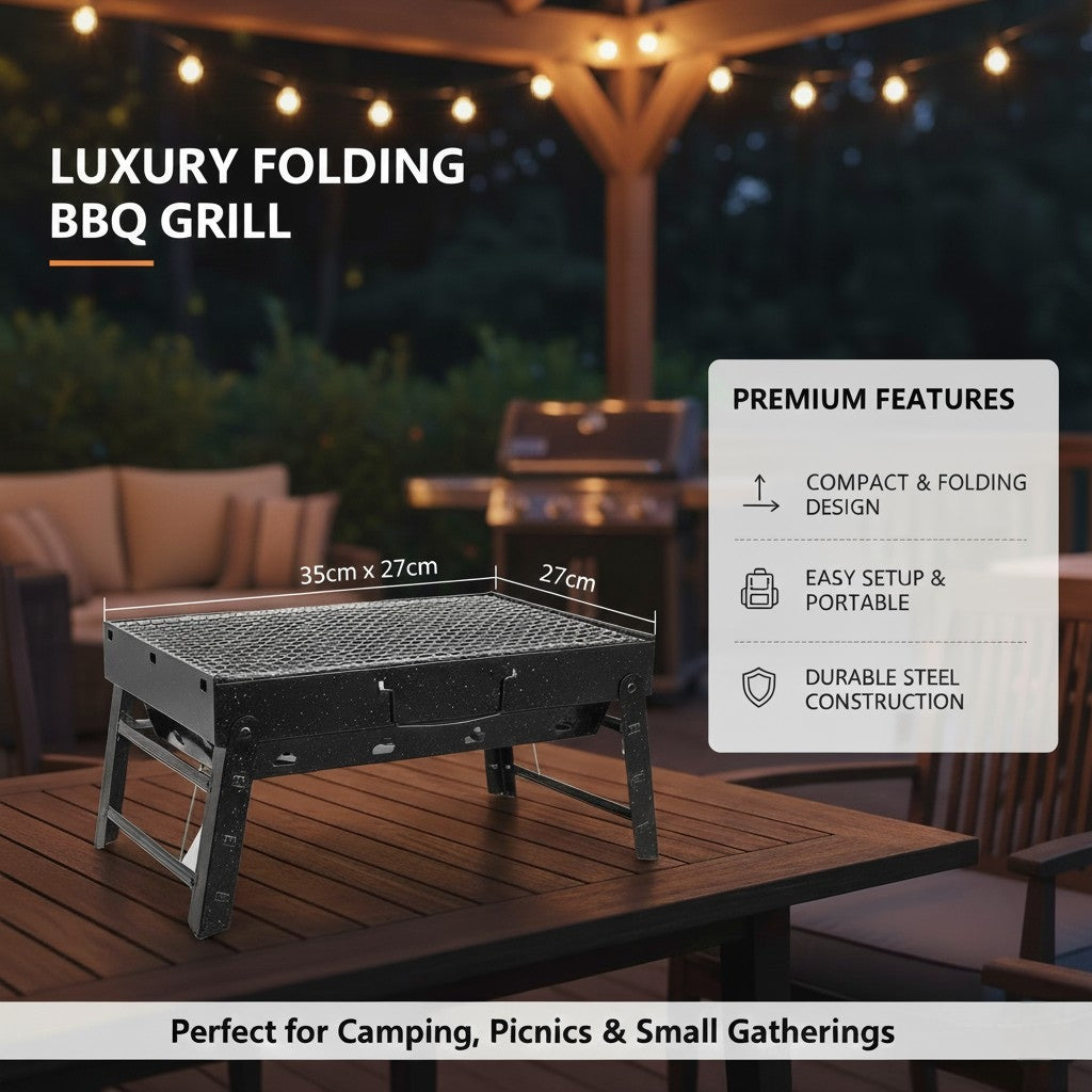 Luxury Portable Folding BBQ Grill 35 cm × 27 cm– Compact Outdoor Charcoal Barbecue for Camping & Picnics