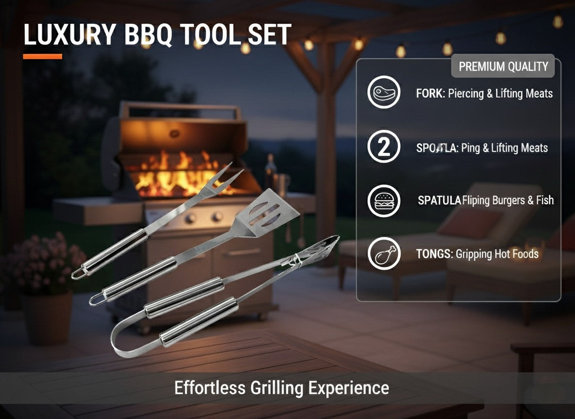 Stainless Steel BBQ Tool Set – Tongs, Spatula & Fork for Grilling